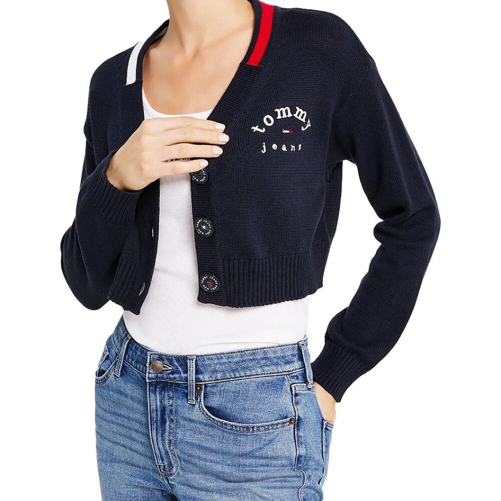 Tommy Jeans Women’s Logo Navy Blue Cropped Cardigan Sweater (NWOT)